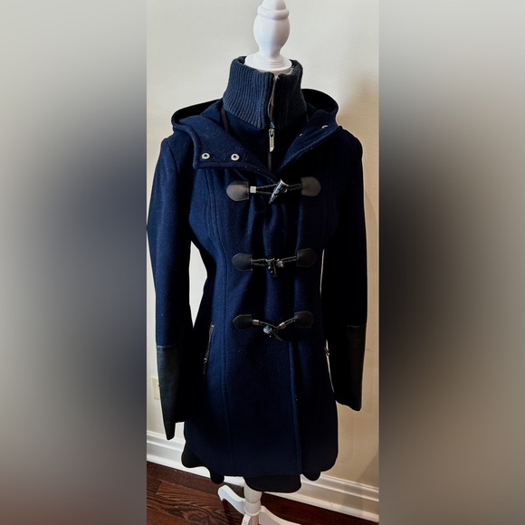 BCBG MaxAzria Samantha Wool Hooded Duffle Toggle Coat Navy Blue Women Sz M - Picture 4 of 11